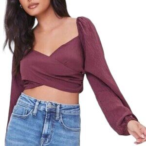 Forever 21 Peasant Balloon Sleeve Bow Tie Criss Cross Crop Top, Small